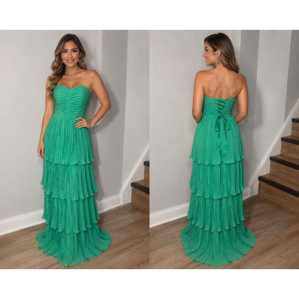 Unknown Brand Emerald Green Pleated Strapless Gown Lace Up Back Size 4